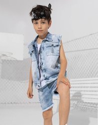 Sleeveless Jeans Ice Dye Blue