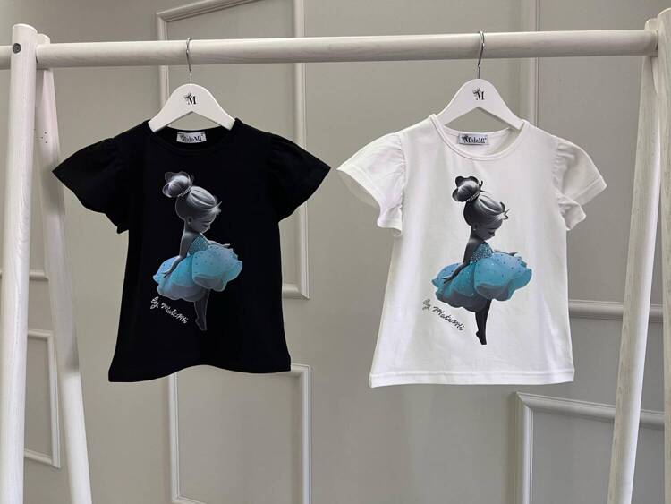 MałaMi T-shirt Balerina Biały z Niebieską Aplikacją