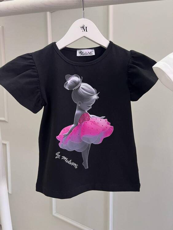 MałaMi T-shirt Balerina Czarny z Różową Aplikacją